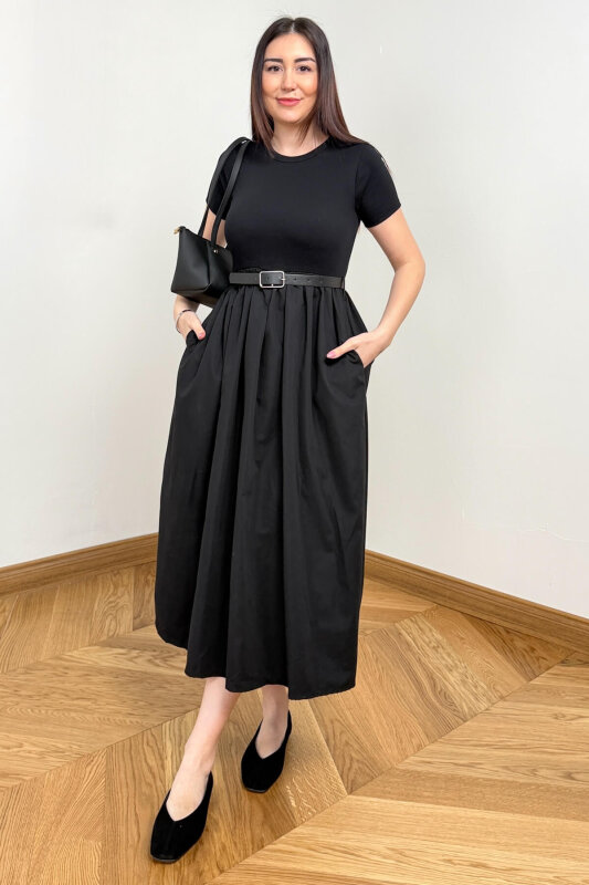 ELB-01845 Siyah Kemer Detaylı Pamuklu ve Trikoton Elbise - 4