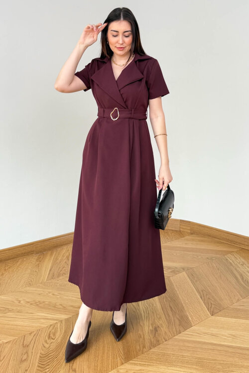 ELB-01846 Bordo Kruvaze Yaka Piliseli Krep Elbise