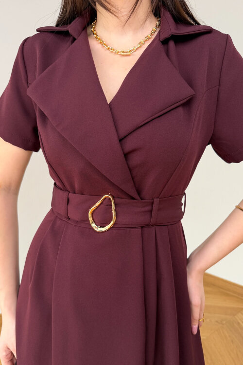 ELB-01846 Bordo Kruvaze Yaka Piliseli Krep Elbise (1)