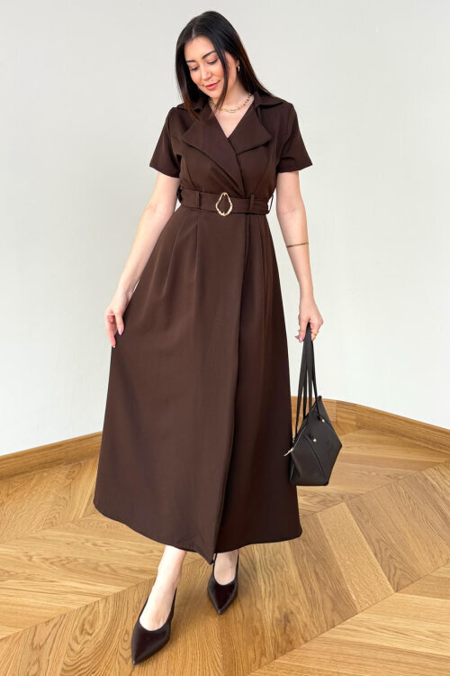 ELB-01846 Kahverengi Kruvaze Yaka Piliseli Krep Elbise