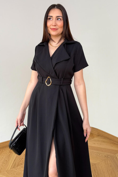ELB-01846 Siyah Kruvaze Yaka Piliseli Krep Elbise (1)