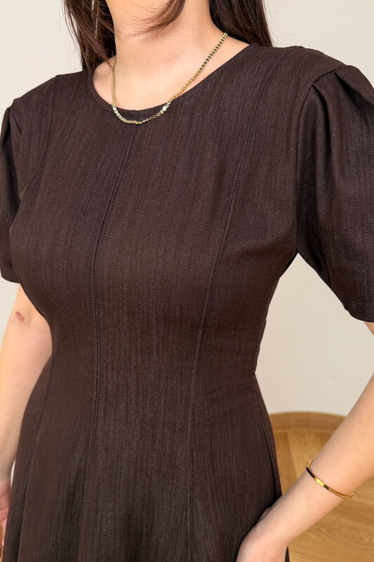 ELB-01847 Acı Kahve Balon Kol Arka Fermuarlı Denim Elbise - 3