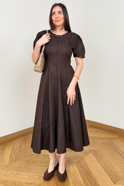 ELB-01847 Acı Kahve Balon Kol Arka Fermuarlı Denim Elbise - 4