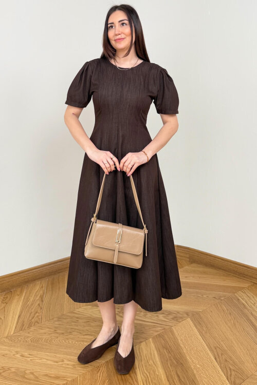 ELB-01847 Acı Kahve Balon Kol Arka Fermuarlı Denim Elbise - 5