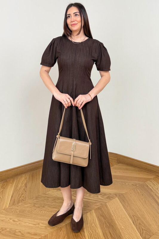 ELB-01847 Acı Kahve Balon Kol Arka Fermuarlı Denim Elbise - 5