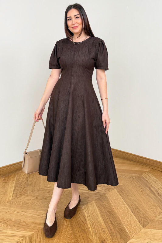 ELB-01847 Acı Kahve Balon Kol Arka Fermuarlı Denim Elbise - 1