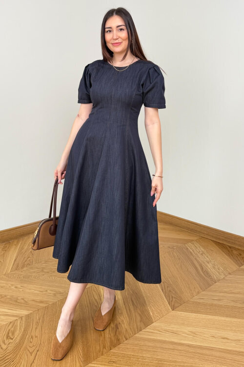 ELB-01847 Lacivert Balon Kol Arka Fermuarlı Denim Elbise - 3