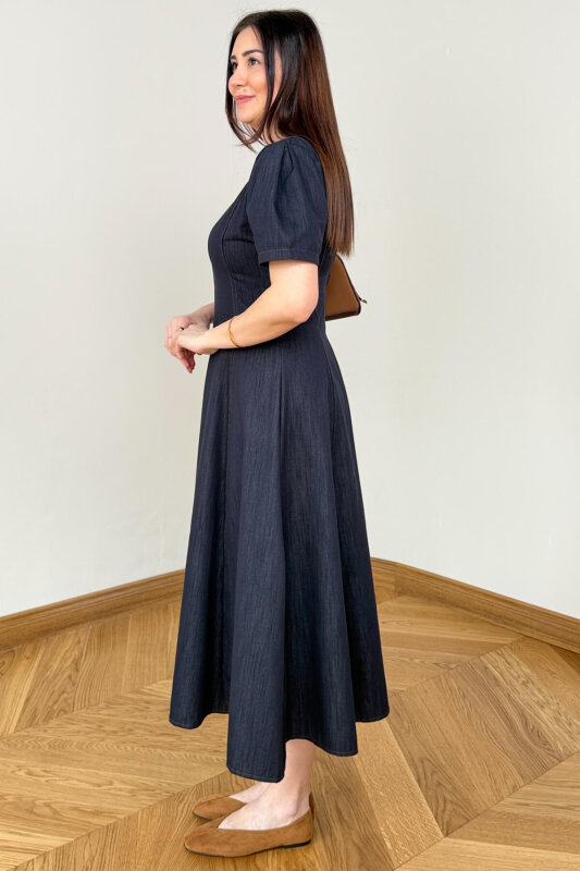 ELB-01847 Lacivert Balon Kol Arka Fermuarlı Denim Elbise - 4