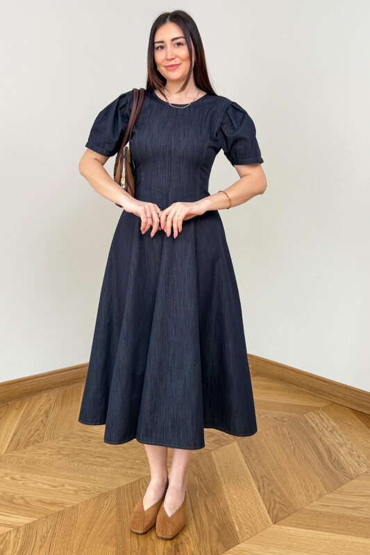 ELB-01847 Lacivert Balon Kol Arka Fermuarlı Denim Elbise - 5