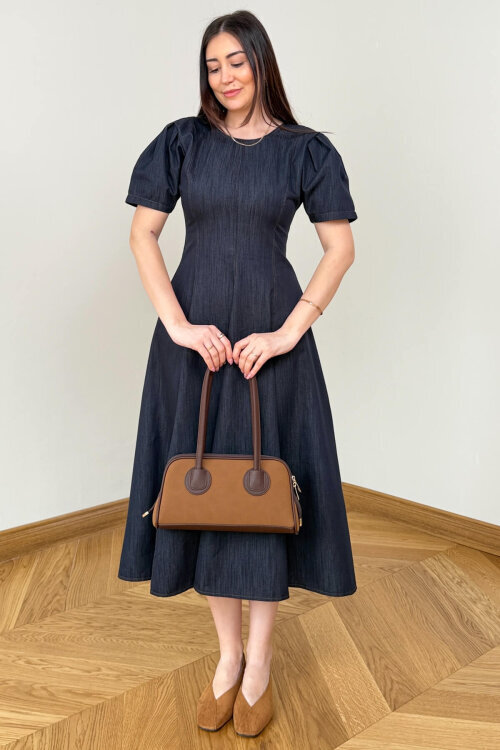 ELB-01847 Lacivert Balon Kol Arka Fermuarlı Denim Elbise 