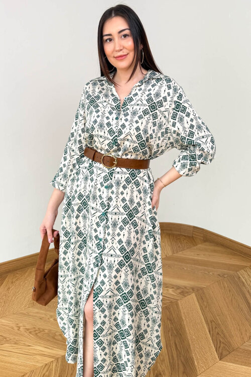 ELB-01848 Haki Etnik Desenli Pamuk Gömlek Elbise (1)