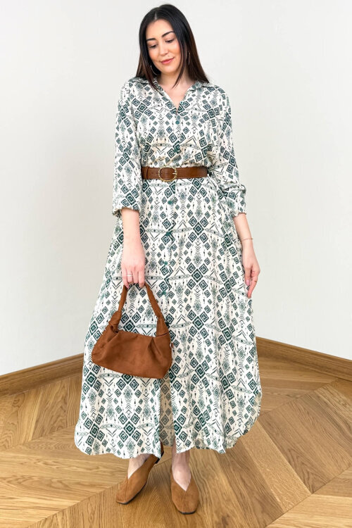 ELB-01848 Haki Etnik Desenli Pamuk Gömlek Elbise