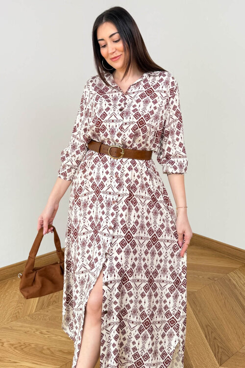 ELB-01848 Kiremit Etnik Desenli Pamuk Gömlek Elbise (1)