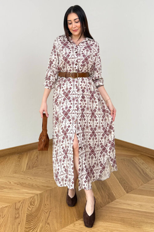 ELB-01848 Kiremit Etnik Desenli Pamuk Gömlek Elbise
