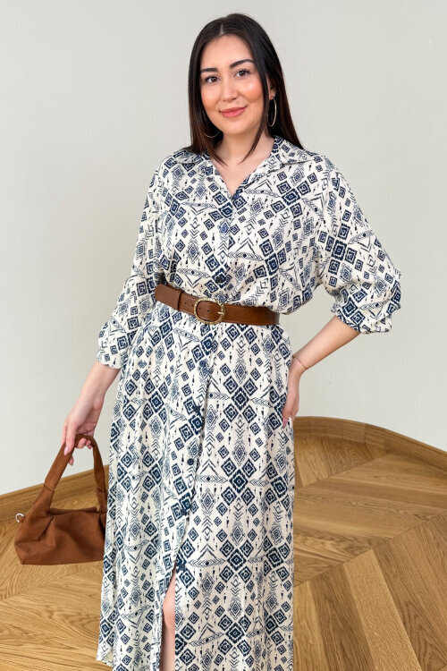 ELB-01848 Lacivert Etnik Desenli Pamuk Gömlek Elbise (1)