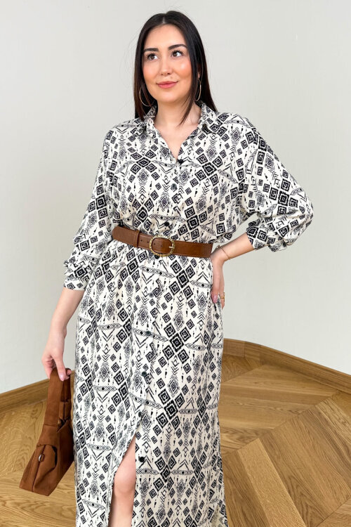 ELB-01848 Siyah Etnik Desenli Pamuk Gömlek Elbise (1)