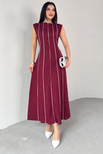 ELB-0402 Bordo Çizgi Detaylı Keten Kumaş Midi Boy Elbise - 1