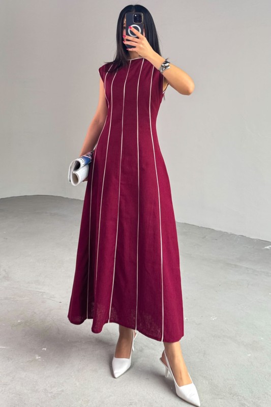 ELB-0402 Bordo Çizgi Detaylı Keten Kumaş Midi Boy Elbise - 3