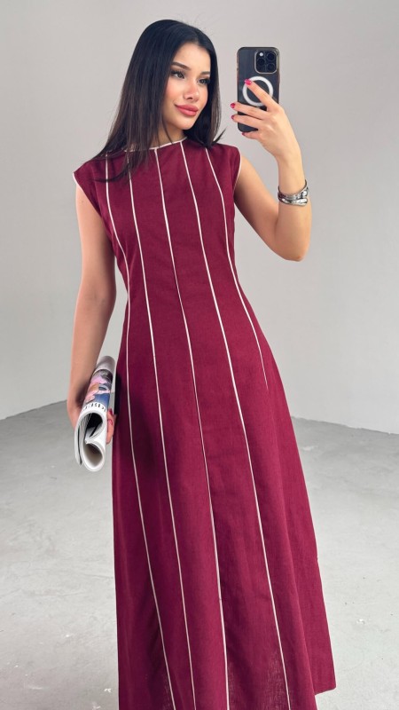 ELB-0402 Bordo Çizgi Detaylı Keten Kumaş Midi Boy Elbise - 4