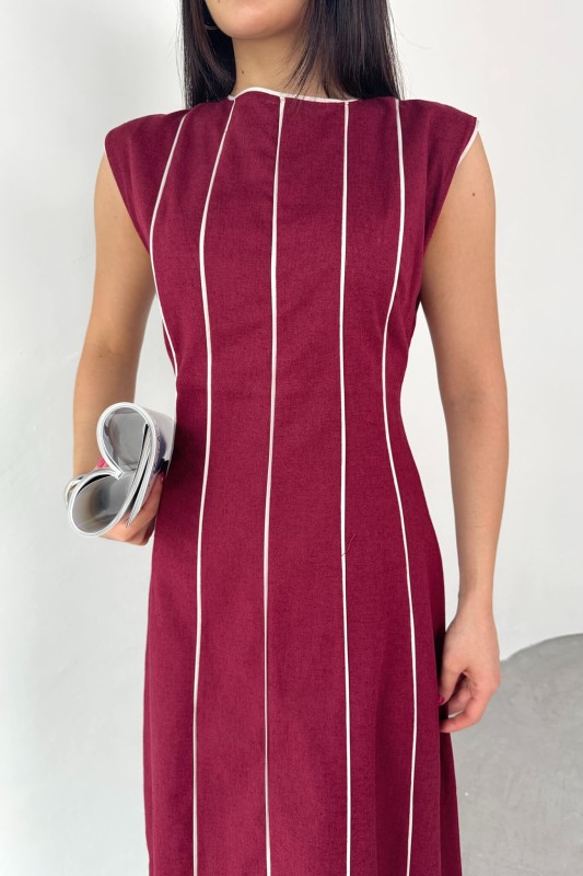ELB-0402 Bordo Çizgi Detaylı Keten Kumaş Midi Boy Elbise - 2