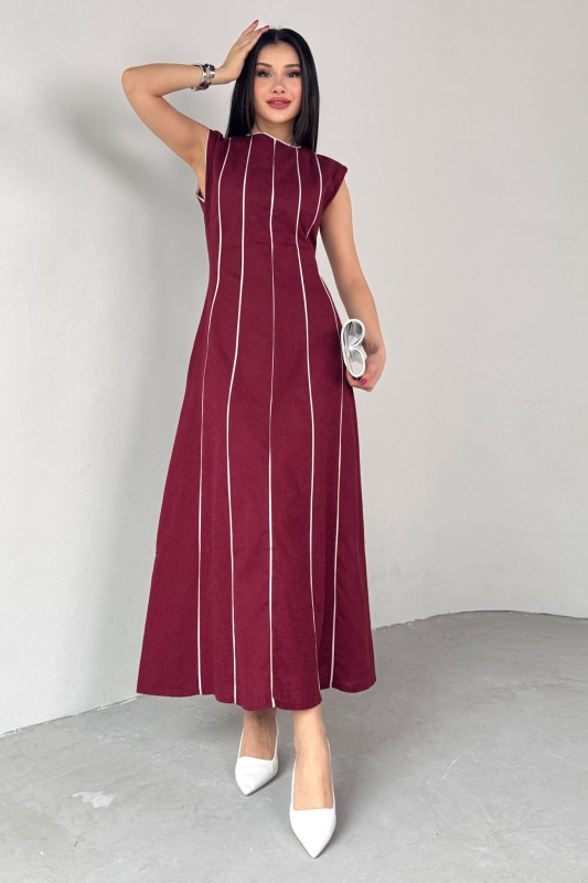 ELB-0402 Bordo Çizgi Detaylı Keten Kumaş Midi Boy Elbise - 5