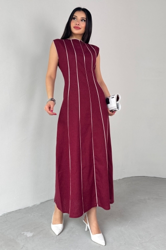 ELB-0402 Bordo Çizgi Detaylı Keten Kumaş Midi Boy Elbise - 6