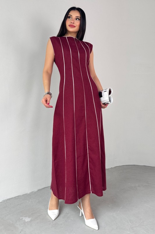 ELB-0402 Bordo Çizgi Detaylı Keten Kumaş Midi Boy Elbise - 6