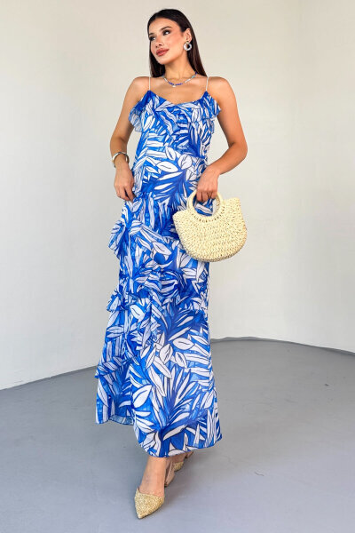 ELB-0519 Mavi Yaprak Desenli Fırfırlı Astarlı Şifon Elbise - 3