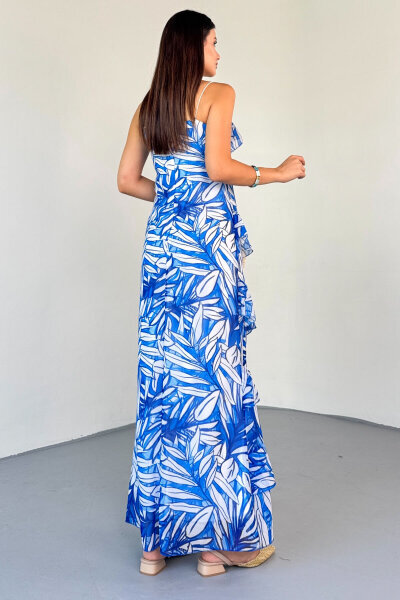 ELB-0519 Mavi Yaprak Desenli Fırfırlı Astarlı Şifon Elbise - 4