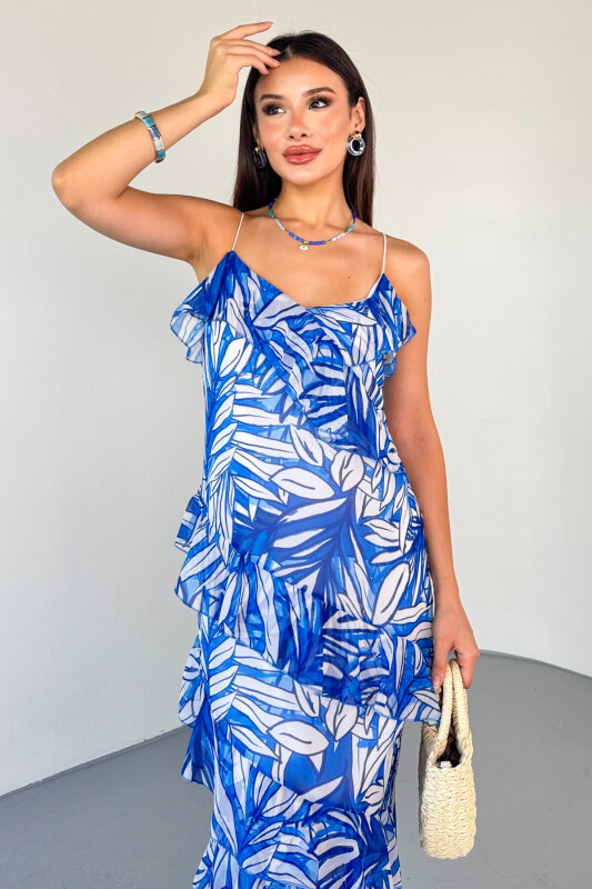 ELB-0519 Mavi Yaprak Desenli Fırfırlı Astarlı Şifon Elbise - 2