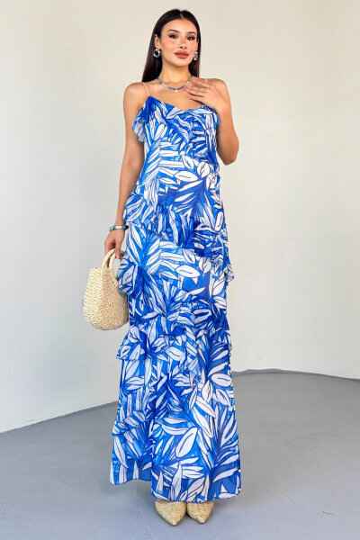 ELB-0519 Mavi Yaprak Desenli Fırfırlı Astarlı Şifon Elbise - 1