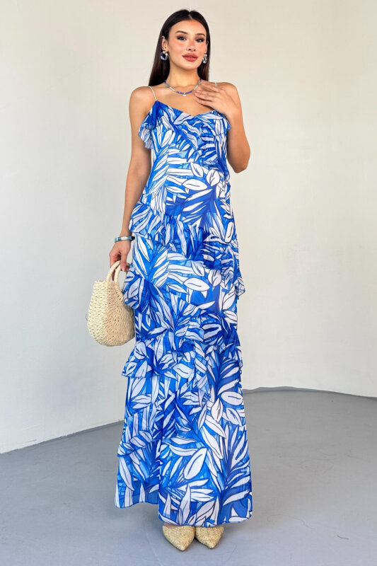 ELB-0519 Mavi Yaprak Desenli Fırfırlı Astarlı Şifon Elbise - 1