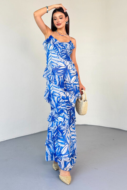 ELB-0519 Mavi Yaprak Desenli Fırfırlı Astarlı Şifon Elbise - 6