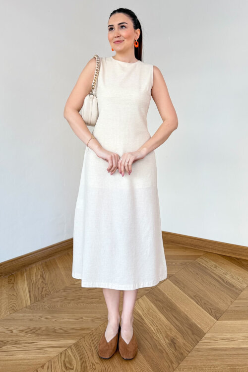 ELB-126203 Bej Sırt Dekolteli Keten Maxi Elbise - 2