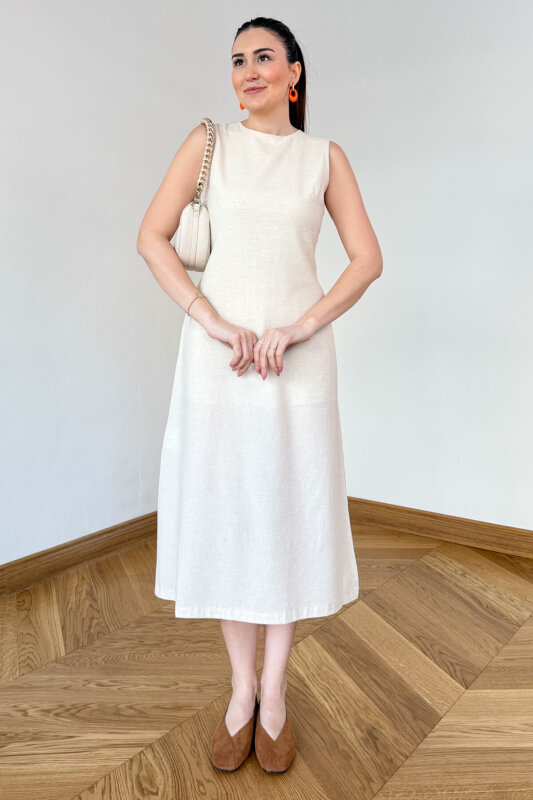 ELB-126203 Bej Sırt Dekolteli Keten Maxi Elbise - 2