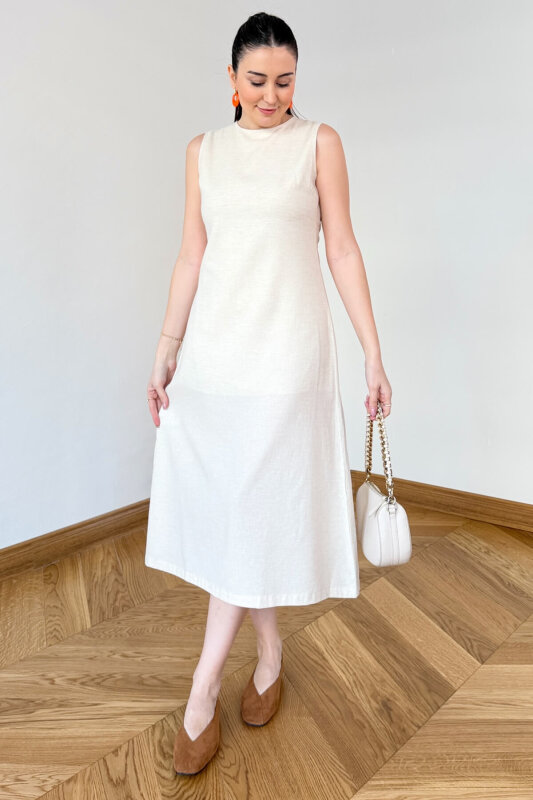 ELB-126203 Bej Sırt Dekolteli Keten Maxi Elbise - 1