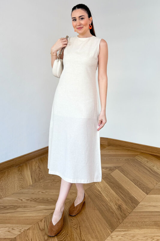 ELB-126203 Bej Sırt Dekolteli Keten Maxi Elbise - 5