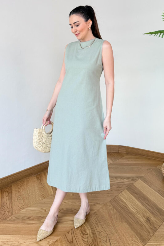 ELB-126203 Mint Sırt Dekolteli Keten Maxi Elbise - 1