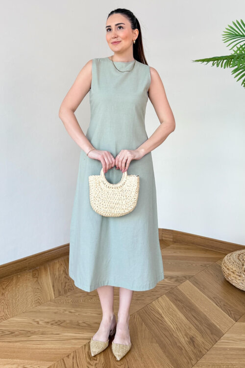 ELB-126203 Mint Sırt Dekolteli Keten Maxi Elbise - 2