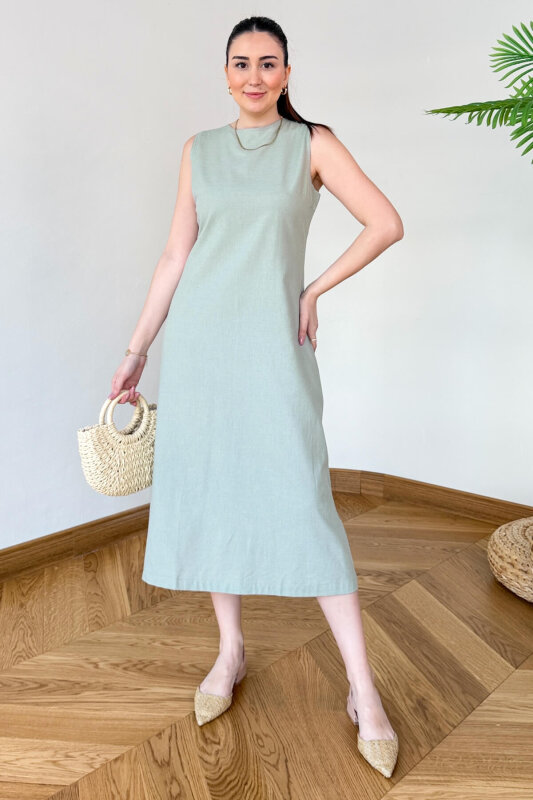 ELB-126203 Mint Sırt Dekolteli Keten Maxi Elbise - 3