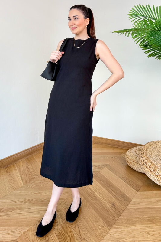 ELB-126203 Siyah Sırt Dekolteli Keten Maxi Elbise - 2