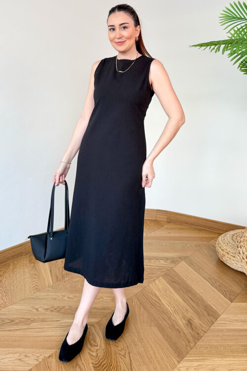 ELB-126203 Siyah Sırt Dekolteli Keten Maxi Elbise - 3