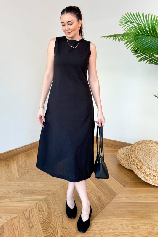 ELB-126203 Siyah Sırt Dekolteli Keten Maxi Elbise - 1