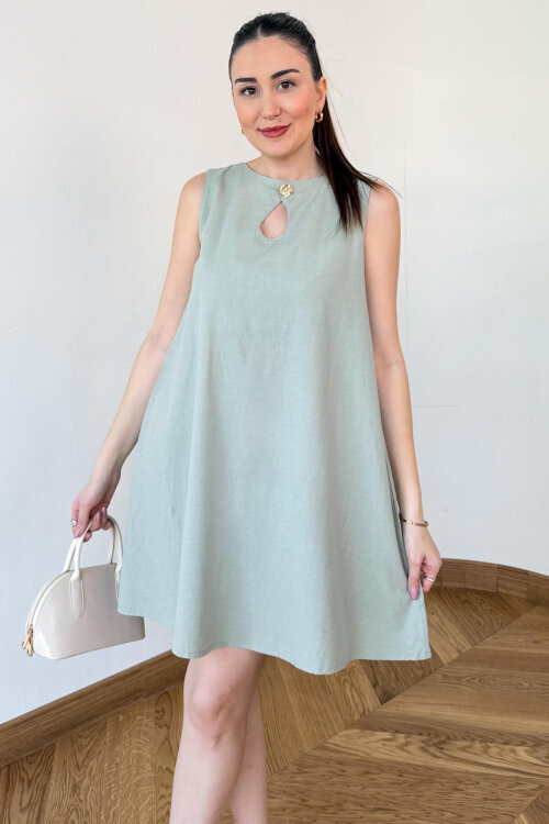 ELB-126207 Mint Gold Düğme Detaylı Keten Hilton Elbise - 1