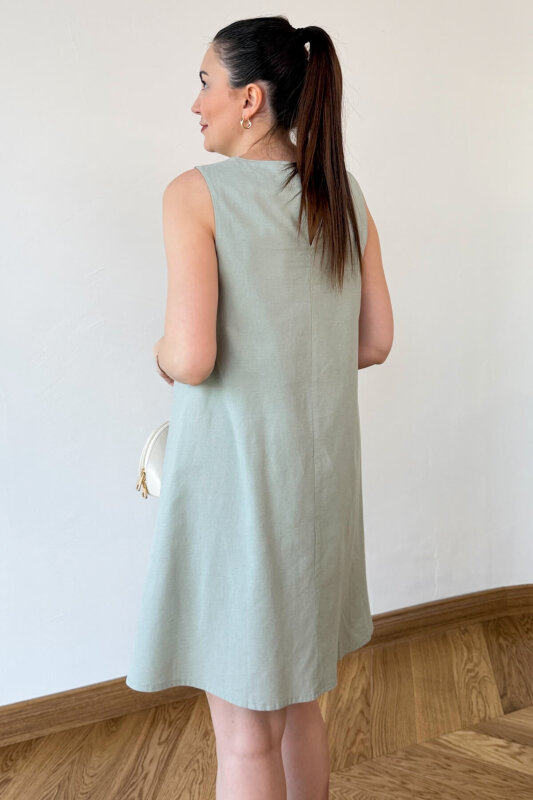 ELB-126207 Mint Gold Düğme Detaylı Keten Hilton Elbise - 4