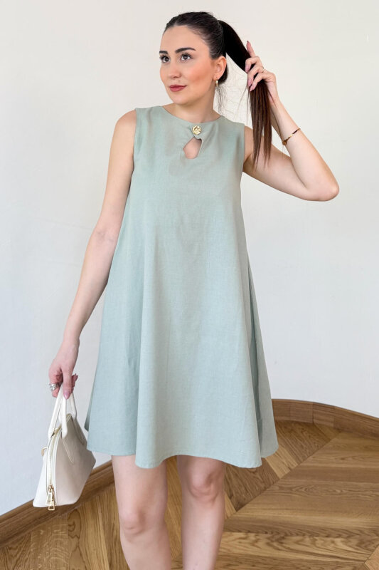 ELB-126207 Mint Gold Düğme Detaylı Keten Hilton Elbise - 5