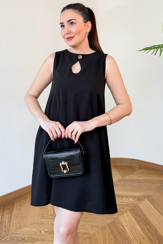 ELB-126207 Siyah Gold Düğme Detaylı Keten Hilton Elbise - 1