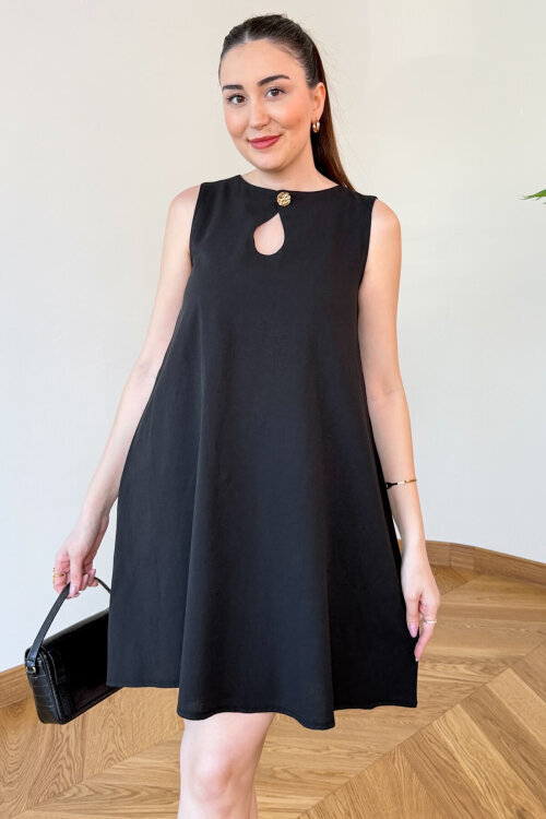 ELB-126207 Siyah Gold Düğme Detaylı Keten Hilton Elbise - 2