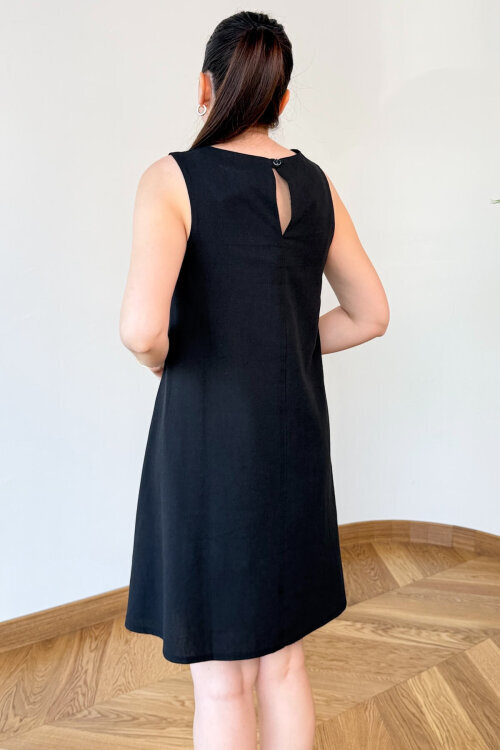 ELB-126207 Siyah Gold Düğme Detaylı Keten Hilton Elbise - 4