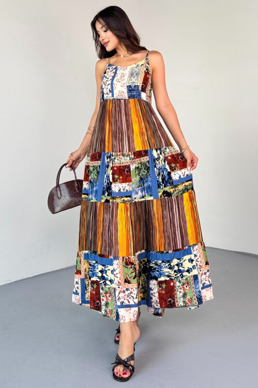 ELB-1828 Kahverengi Çok Renkli Etnik Desenli Kat Kat Viskon Askılı Elbise - 1